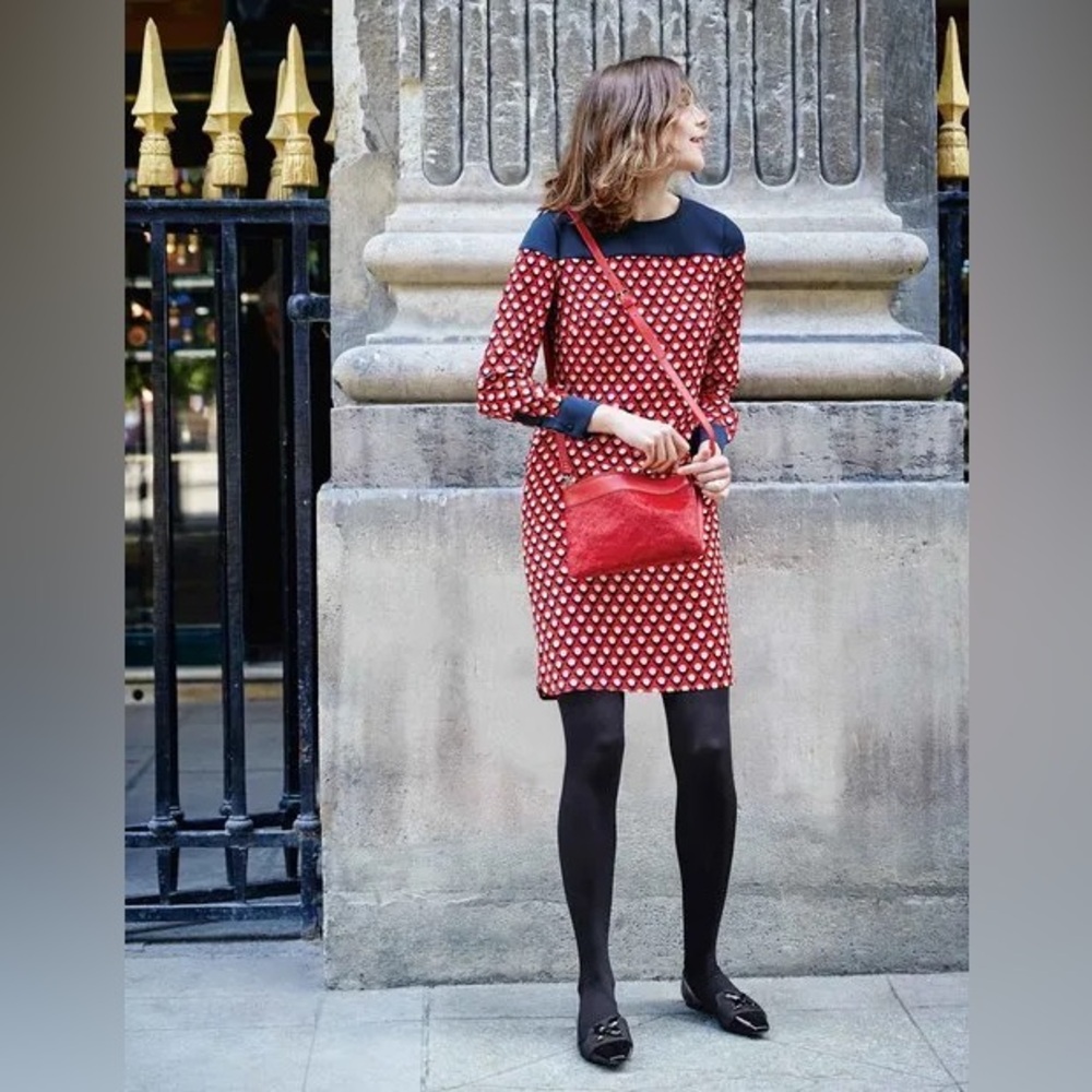 Boden Ursula Geometric Triangle Dot Red & Navy Crepe Shift Dress